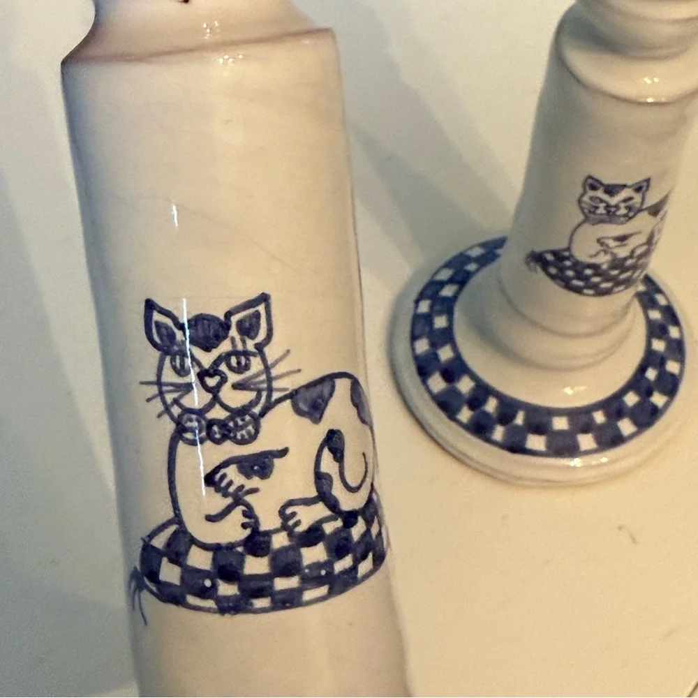 Vintage Blue & White Handpainted Pottery Candlesticks (Set of 2) Cat Checkers